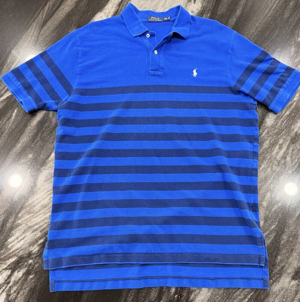 Polo Ralph Lauren Mens XXL Blue Rugby Stripe Polo Shirt White Pony Logo